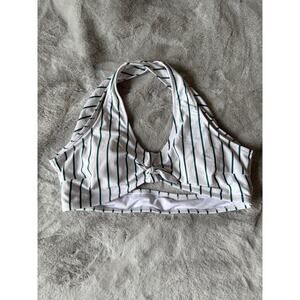 Striped Front Tie Bikini Top White & Green Halter Swimsuit Top Women's Size M